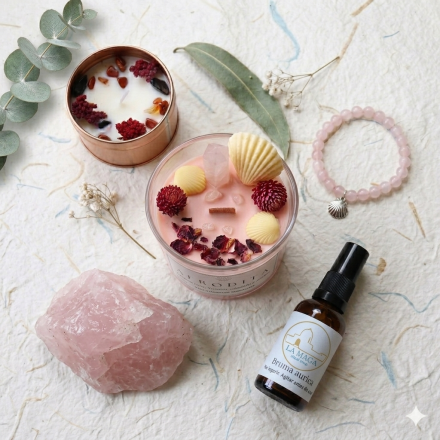 vela artesanal soja pack ritual cuarzo rosa energía